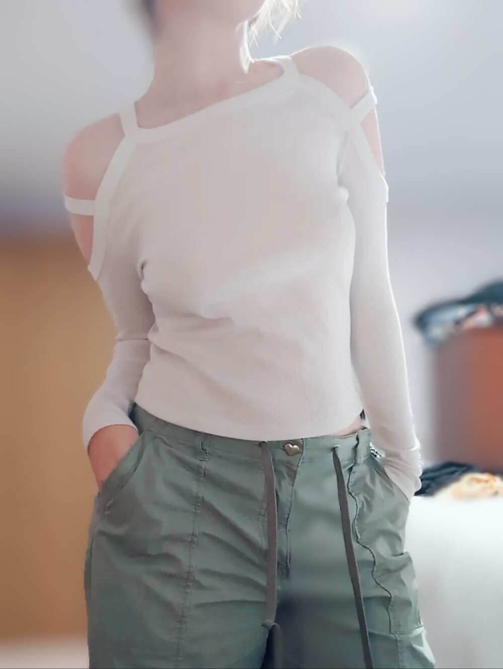 White Women's Cold-Shoulder Long Sleeve Top
